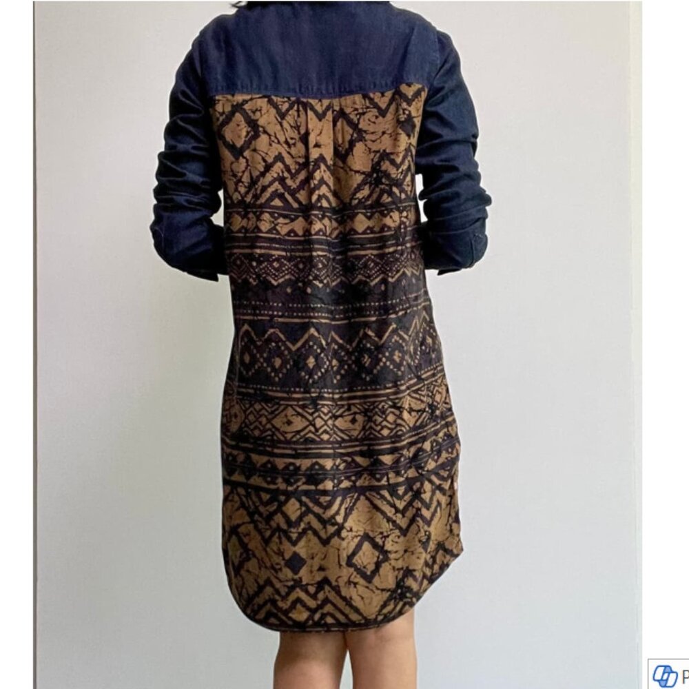 Thursday Island Denim Batik Dress Lightweight Drop Waist Rollup Sleeves Size S - Picture 3 of 15
